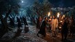 © Pixcellence - Jesus being betrayed by Judas Iscariot in the Garden of Gethsemane surrounded by Roman soldiers with torches. Biblical scene of the arrest of Jesus Christ. Religious history and faith.