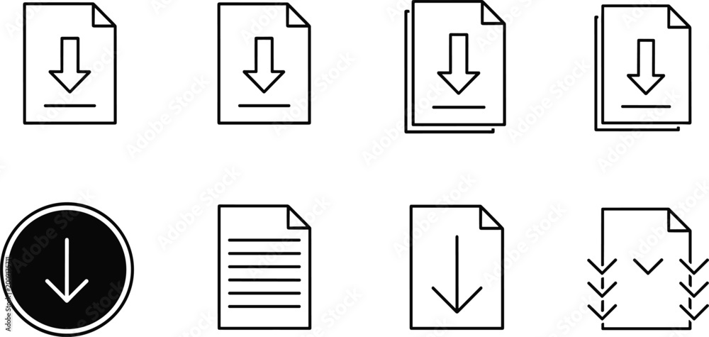 Download document icons set with file arrows and stack pages vector ...