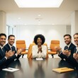 © Breezze - Diverse group of colleagues clapping and smiling in a modern office meeting room for corporate culture, team recognition and positive workplace environment campaigns