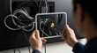 © Hungarian - Technician uses a digital framing device to inspect the cable connections on the back of a large screen display.