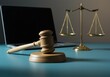 © Ryzhkov - Wooden gavel and scales of justice on a desk with a laptop for legal firm website, law practice advertising and online justice services mockup with copy space