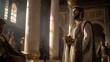 © Hovhannes - Biblical story, Nehemiah stands before King Artaxerxes in Susa, his humble service with the cup masking a bold request, as royal splendor contrasts with a hidden burden to restore Jerusalem.