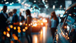 © Kateryna - Cinematic soft focus wide view of softly defocused silhouetted figures around bright vehicle displays under glowing bokeh lights at an automotive trade fair automotive trade
