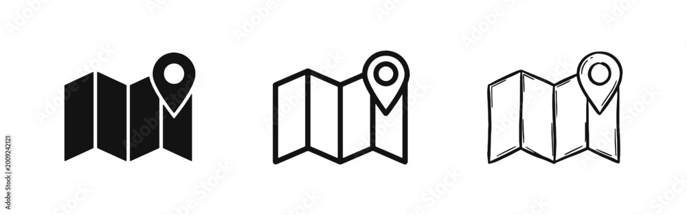 Folded map with location pin icon set for travel navigation and GPS ...