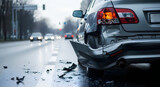 Damaged car after accident on wet city street, shattered bumper and debris on the road