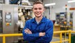 © Oleksandr - Confident young technician with a cheerful smile and arms crossed, standing prominently in a vibrant, modern industrial factory backdrop