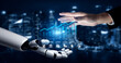 © InfiniteFlow - A captivating image showcasing the interaction between a human hand and a robotic arm, emphasizing digital technology with a rising graph and data presentation in a modern city backdrop. Ledger