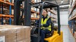 © Restyler - Female worker drives a forklift. Efficient warehouse logistics. Focused job performance.