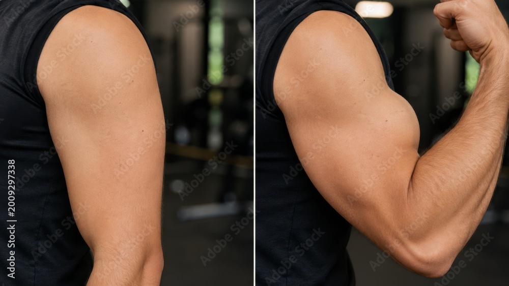 Male Bicep Transformation Comparison With Relaxed and Flexed Arm in Gym ...