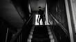 © xuxu - An alien silhouette. An eerie horror scene in a dimly lit hallway of an old house. A sci-fi supernatural thriller concept for creating a frightening atmosphere.