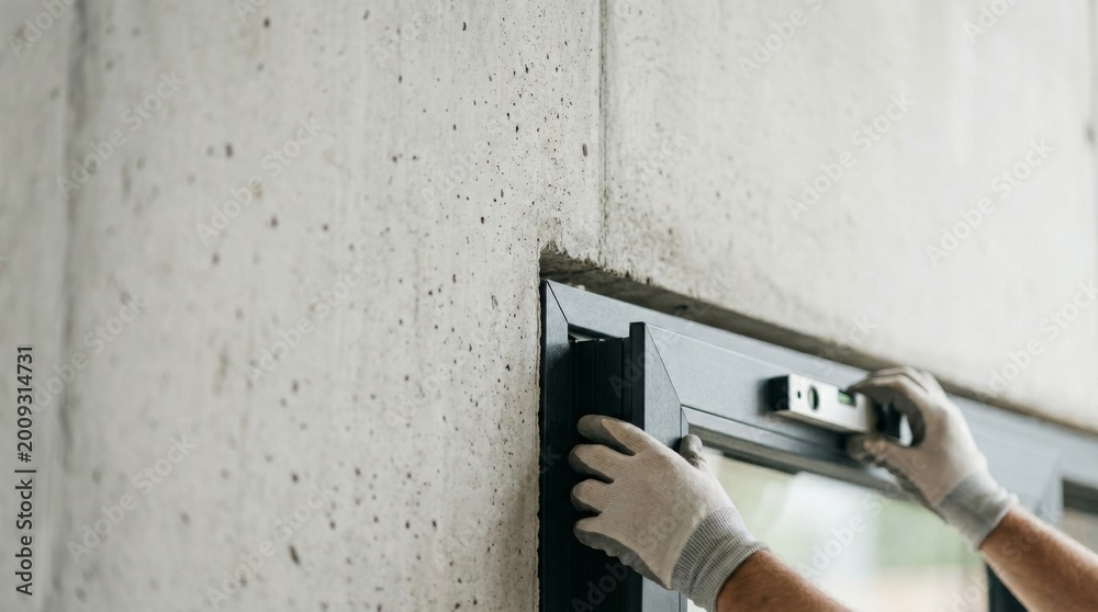 Window installer using level tool to align black frame in concrete wall ...