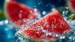 © Aliaksandra - Fresh watermelon slices splashing in clear water, juicy summer fruit and refreshing healthy food concept