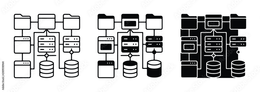 Multiple Data Systems Icon Data architecture vector icons set, database server and file folder ...