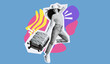 © Prostock-studio - A young woman jumps with excitement holding a suitcase. She wears a wicker hat and casual clothes, ready for a fun trip. The bright background and her joyful expression show her travel spirit.