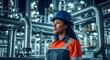 © QistinaMaream - Portrait of a Professional Female Engineer Standing at a Large Industrial Oil and Gas Refinery Plant at Night.