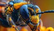 © Alisa - Extreme closeup macro shot of a bee's head covered in pollen, showing intricate details of compound eyes and antennae, vibrant orange and black colors, shallow depth of field