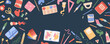 © Moonnoon - Horizontal art equipment scene in flat cartoon graphic style. Stationery and paint craft tool set form a dark rectangle background template. Colorful brush, marker and pencil supply frame fits school