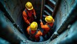 © Pete - Workers in orange suits and yellow helmets practice confined space rescue. One man ascends ladder, another holds rope, third watches from below. Teamwork ensures safety in hazardous environments.