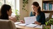 © Влада Яковенко - Female mental coach reading notes and analyzing client information in session, professional assessment process, psychological analysis service, and personal development planning, refined composition,