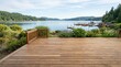 © Viacheslav - Empty wooden deck with copy space in tranquil lakeside setting, clean product display background for outdoor branding, garden lifestyle, marina leisure and summer barbecue atmosphere, peaceful water