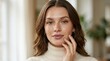 © Влада Яковенко - Close up beauty portrait of a fashion model with natural freckles and glossy lips touching her face, minimal contemporary editorial look with soft lighting and refined skin texture, no logos