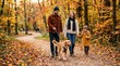 © Svitlana - Joyful young family walking with a cute dog in an autumn park, seasonal togetherness, healthy lifestyle and outdoor companionship concept for family, pet care and wellness campaigns, with polished