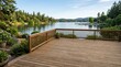 © Coosh448 - Empty wooden deck with copy space in tranquil lakeside setting, clean product display background for outdoor branding, garden lifestyle, marina leisure and summer barbecue atmosphere, peaceful water