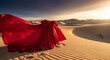 © Paul - A voluminous crimson gown flows across ripples of sunlit sand dunes under a dramatic sky with deep shadows and cinematic editorial light, luxury, sand, horizon