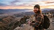 © Coosh448 - Ginger man in a beanie at Keys View at sunset, cinematic travel portrait with desert overlook, warm sky, rugged landscape and adventurous outdoor lifestyle, strong tourism appeal, authentic human