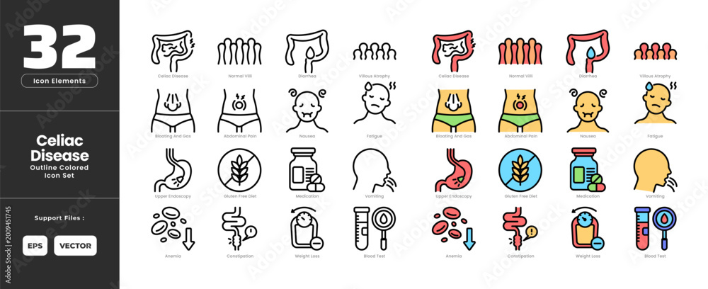 Celiac Disease Icon Set Collection Colored Outline Line Art Style ...