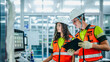 © ultramansk - Two engineers use a tablet to program an AI system. They are in a futuristic smart factory, reviewing data for industrial robots or microchip manufacturing.