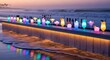 © Tejjaz - Bar de coquetéis colorido iluminado por luzes vibrantes em uma praia de areia ao pôr do sol.