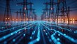 © Tech_Lab - Digital energy grid concept with glowing circuit board lines and high voltage power transmission towers