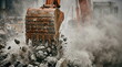 © CK Studio - Excavator bucket breaking concrete and rubble, creating dust on demolition site, representing heavy construction work.