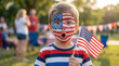 © AIMIN - Independence Day 250th anniversary boy full flag face painting holding flag surprised expression for patriotic celebration poster social media advertising campaign