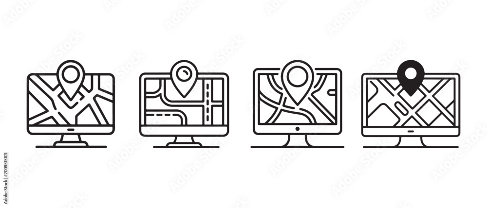 Desktop computer monitor icons. showing digital maps and navigation ...