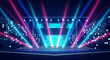 © Serry - Digital illustration of a futuristic event stage featuring neon blue and pink spotlights, laser light beams, a pixelated LED backdrop, and metal trussing for concert performances.