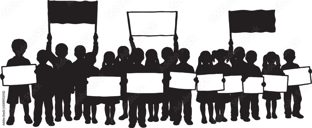 Silhouette group of school children holding up blank signs and placards ...