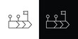 © Tifany - A clean, modern, minimalist line art  icon illustration depicting a roadmap with milestones and a flag at the end, presented on both black and white backgrounds