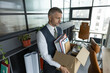 © be free - Unemployment crisis of man dismissed. Business man packing stuff. Upset office worker is fired. Fired and unemployment with business man. Job loss. Fired jobless employee leaving office