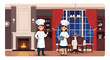 © Inkspirehub - Professional male and female chefs in white uniforms standing in a luxury kitchen with a fireplace and a formal dining table at night.