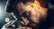 © Artfinity - Ear pain and auditory nerve inflammation. Tinnitus and hearing health care. Close up of a man with a glowing nervous system diagram near the ear