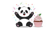 © Adrien - Adorable cartoon panda sitting with its paws raised in celebration next to a large pink cupcake with sprinkles and colorful confetti in the air.