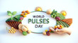 © EyeCatchingDesign - Colorful world pulses day celebration with vibrant legumes and hand illustration for healthy food awareness