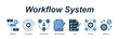 © galangfr - Workflow System banner web icon vector illustration concept with an icon of Workflow, Processing, Coordination, Documentation, Task, Process, Efficiency
