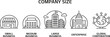 © REBEKA - Company size line icons set showing small business medium business large business enterprise and global corporation categories with simple architectural symbols.