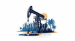 © kuburtanah - An oil pumpjack stands tall with a city skyline and palm trees under a sun
