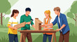 © Lumeo - Diverse group of people building a wooden birdhouse together at an outdoor table
