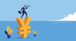 © Farhan - Confident businessman standing atop a large yellow yen symbol using a telescope to survey the blue sea and horizon.