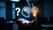 © Btc - Businessman holding glowing question mark, human head with gears, and light bulb icons: Concept of problem solving, creative thinking, and innovative ideas.